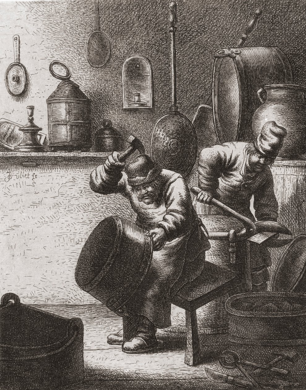 Kopersmeden aan het werk in de 17e eeuw door (after) Dutch School