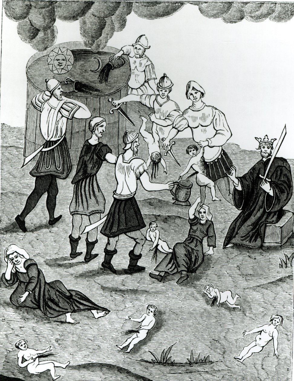 Joden die bloed afnemen van christelijke kinderen voor hun mystieke riten, naar een tekening in het 