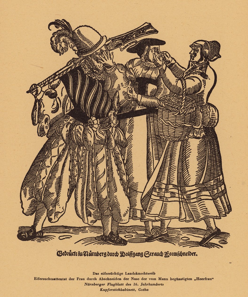 Jaloerse vrouw snijdt de neus af van een rivaal voor de genegenheid van een Landsknecht (gravure) door (after) German School