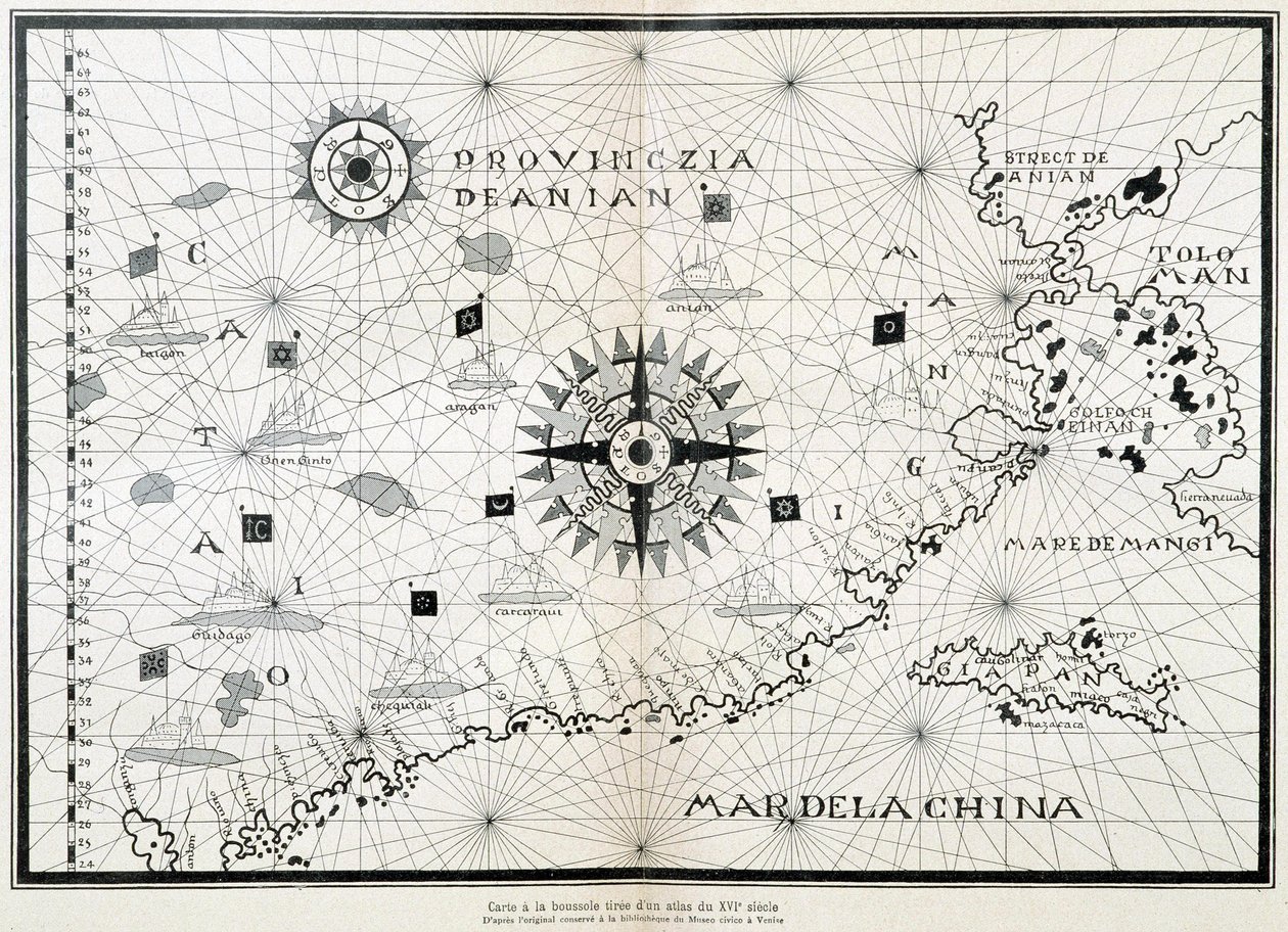 Kaart van het kompas uit een 16e-eeuws atlas, gebaseerd op het origineel bewaard in de bibliotheek van het Museo Civico in Venetië door (after) Italian School