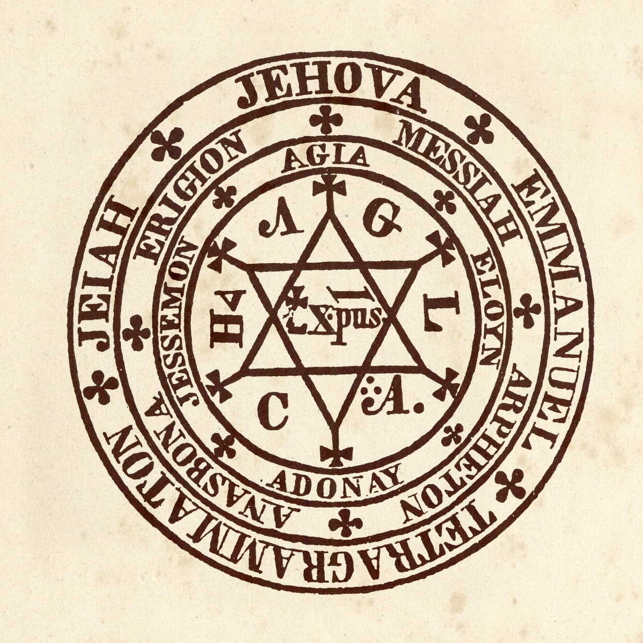 Occulte wetenschappen: magische cirkel. Schema uit "De Occulta Philosophia" door de Duitse occultist Henry Cornelius Agrippa van Nettesheim (1486-1535) (bekend als Cornelius Agrippa of Agrippa van Nettesheim) door (after) Italian School