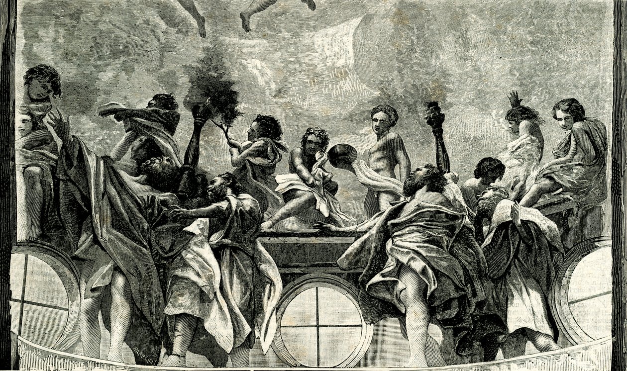 Hemelvaart van de Maagd, detail van fresco door Correggio (1489-1534), koepel van de kathedraal van Parma, Emilia Romagna, Italië, houtsnede uit Le cento città d