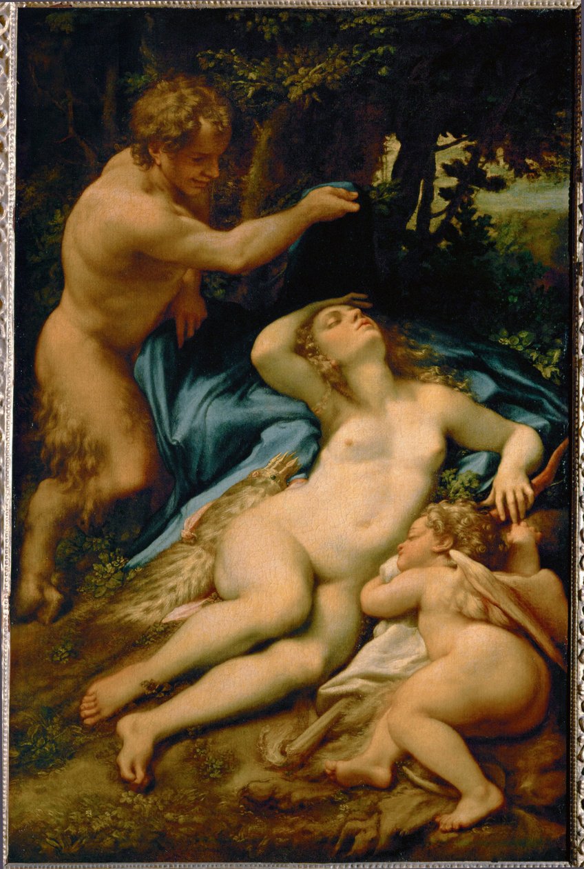 Venus, slapend, geobserveerd door een sater - ook wel "de slaap van Antiope" genoemd ... door (c.1489-1534) Correggio