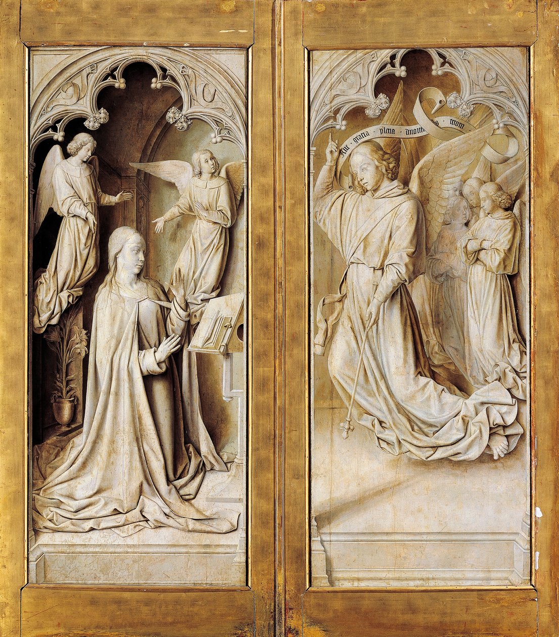 Annunciatie in grisaille, buitenvleugels van drieluik altaarstuk, ca. 1489-1502 door (fl.c.1483-c.1529) Master of Moulins