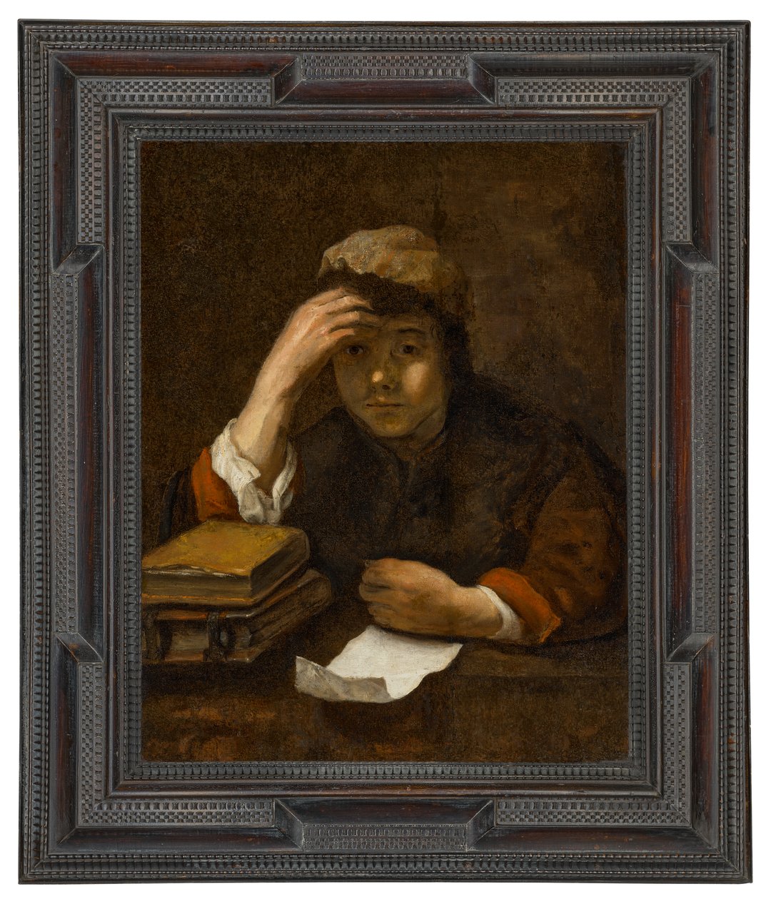Een lezende jongen (olieverf op doek) door (studio of) Rembrandt Harmensz. van Rijn