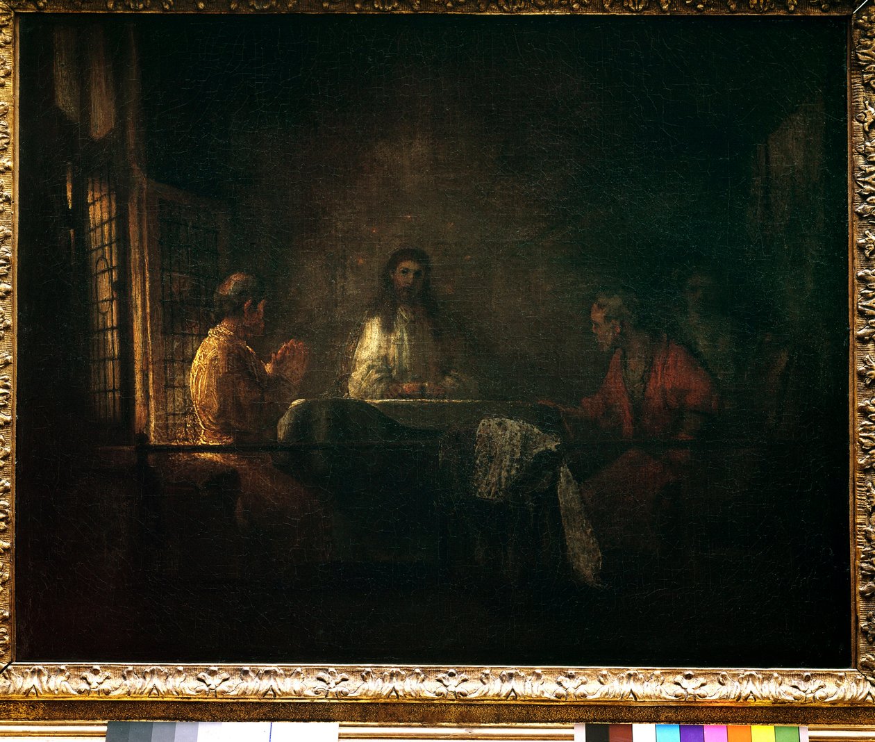 De pelgrims van Emmaus. Christus verschijnt aan de pelgrims zittend aan een tafel in een herberg in Emmaus. Schilderij van de werkplaats van Harmensz van Rijn genaamd Rembrandt (1606-1669) door studio of Rembrandt Harmensz. van Rijn