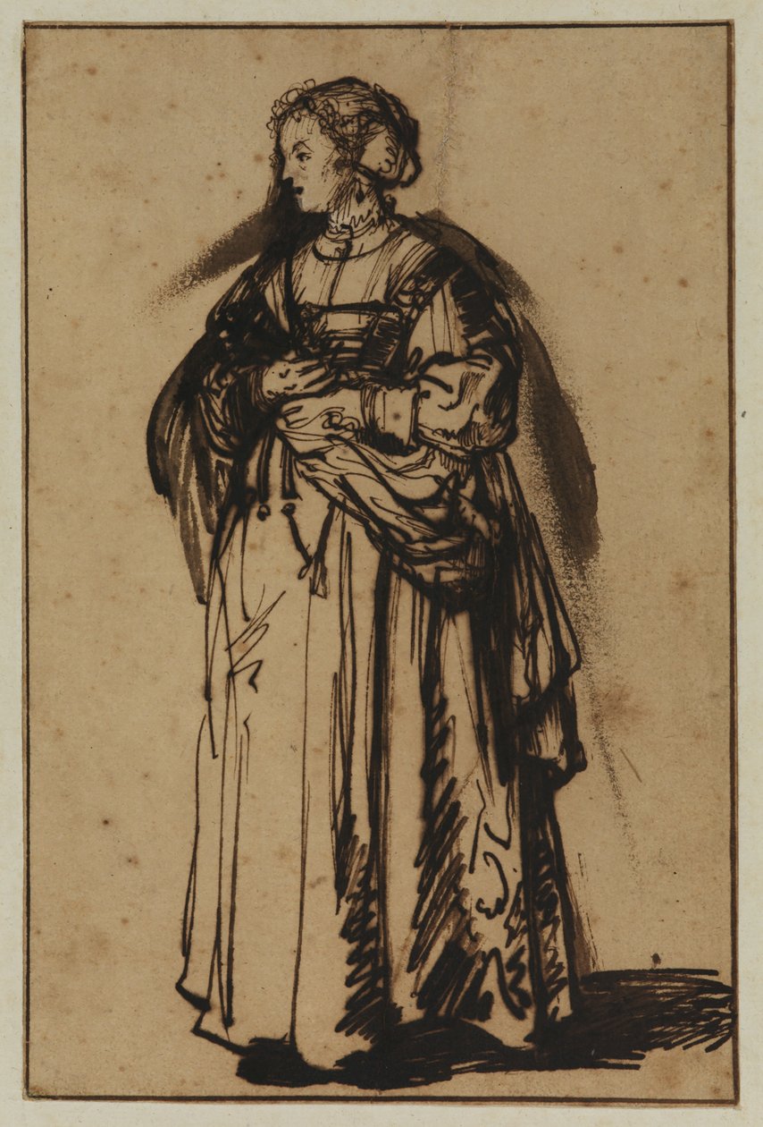 De vrouw van de kunstenaar, Saskia, staand en bloemen in haar handen houdend door (workshop of) Rembrandt Harmensz. van Rijn
