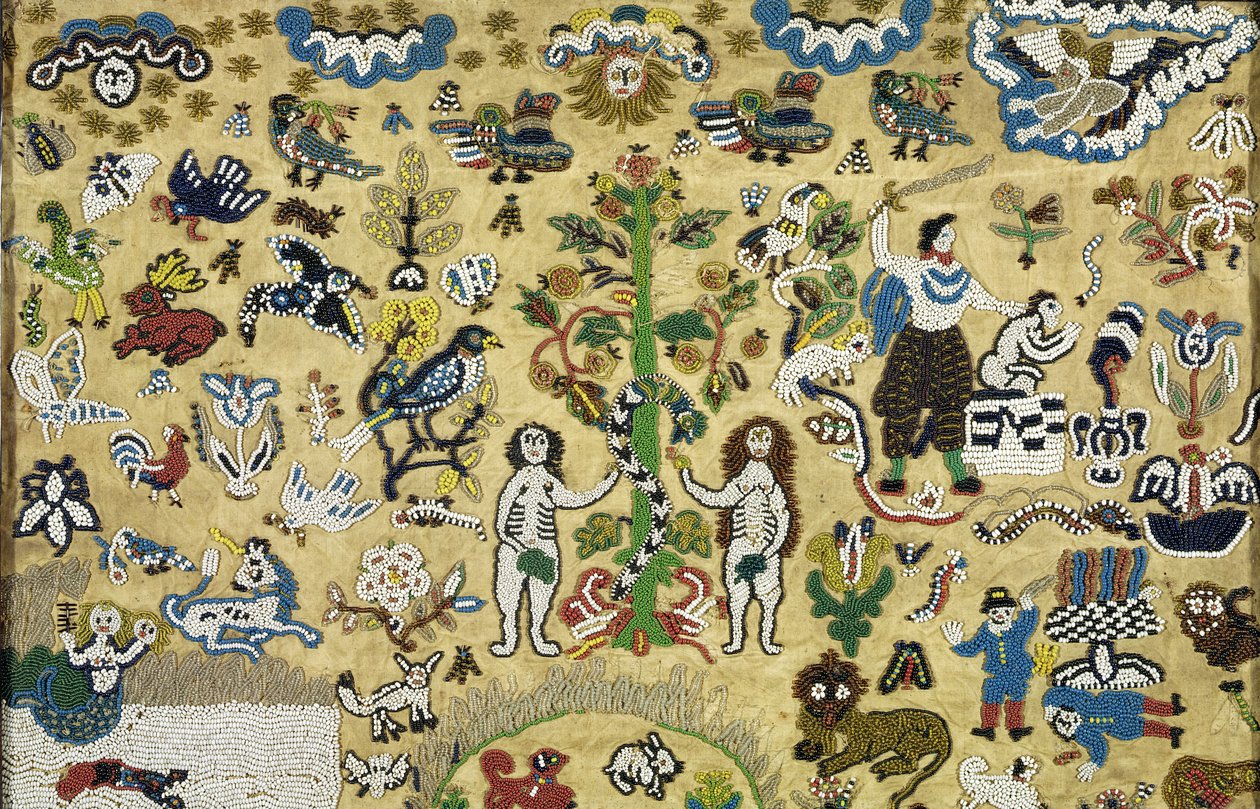 Kralenwerk afbeelding: Val van de mens; Kaïn en Abel; Offer van Isaac; omringd door dieren uit de Hof van Eden, 17e eeuw door Unknown