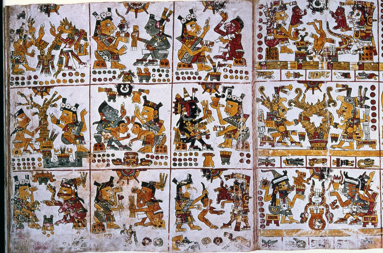 Detail van een facsimile kopie van een pagina uit de Codex Borgia met zes koppels goden die waarzeggerij voor koppels vertegenwoordigen door Unknown