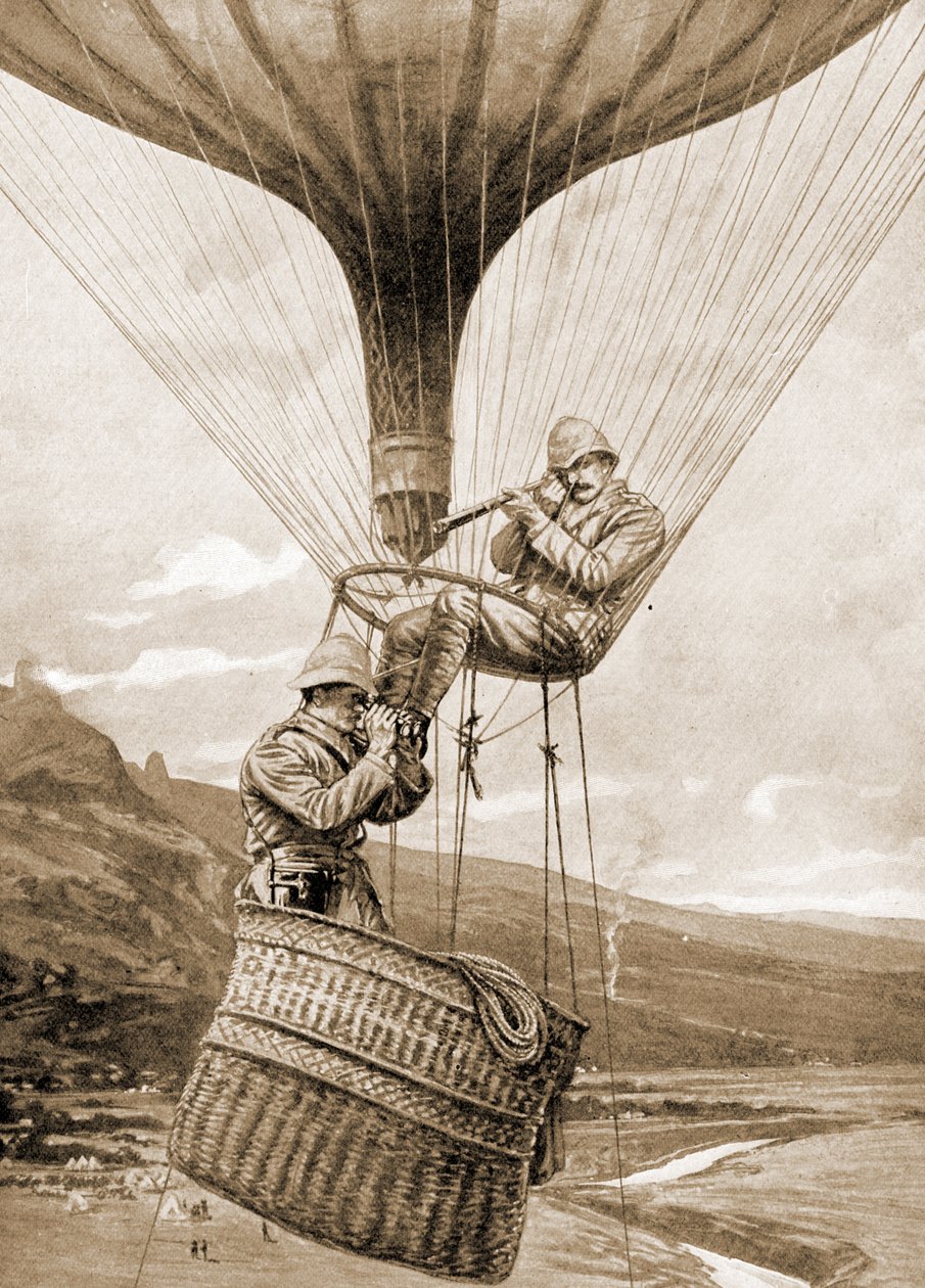 Het leiden van de aanval op Potgieters Drift vanuit de ballon, Colenso, Natal, Zuid-Afrika door Unknown