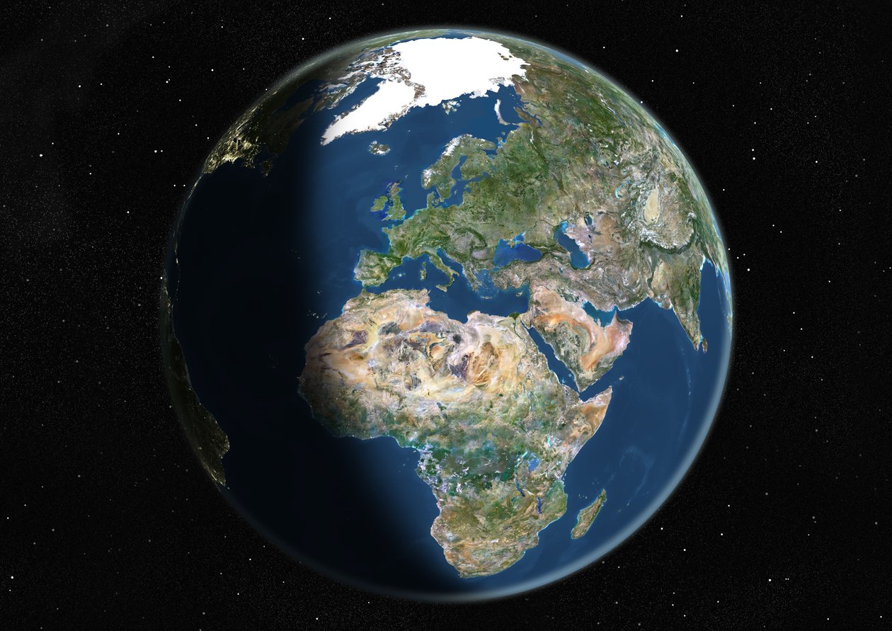 Globe gecentreerd op Europa en Afrika, ware kleuren satellietbeeld door Unknown