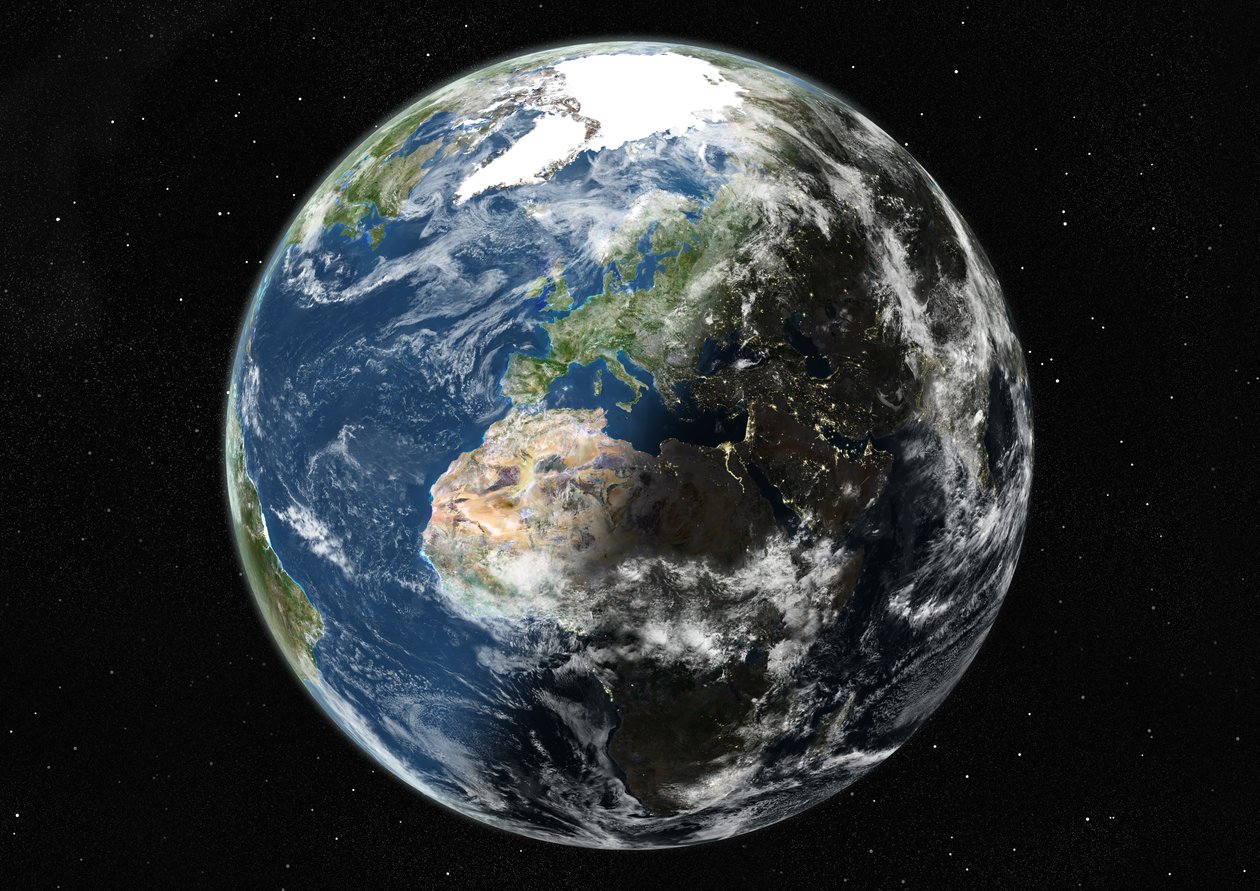 Globe gecentreerd op Europa en Afrika, ware kleuren satellietbeeld door Unknown
