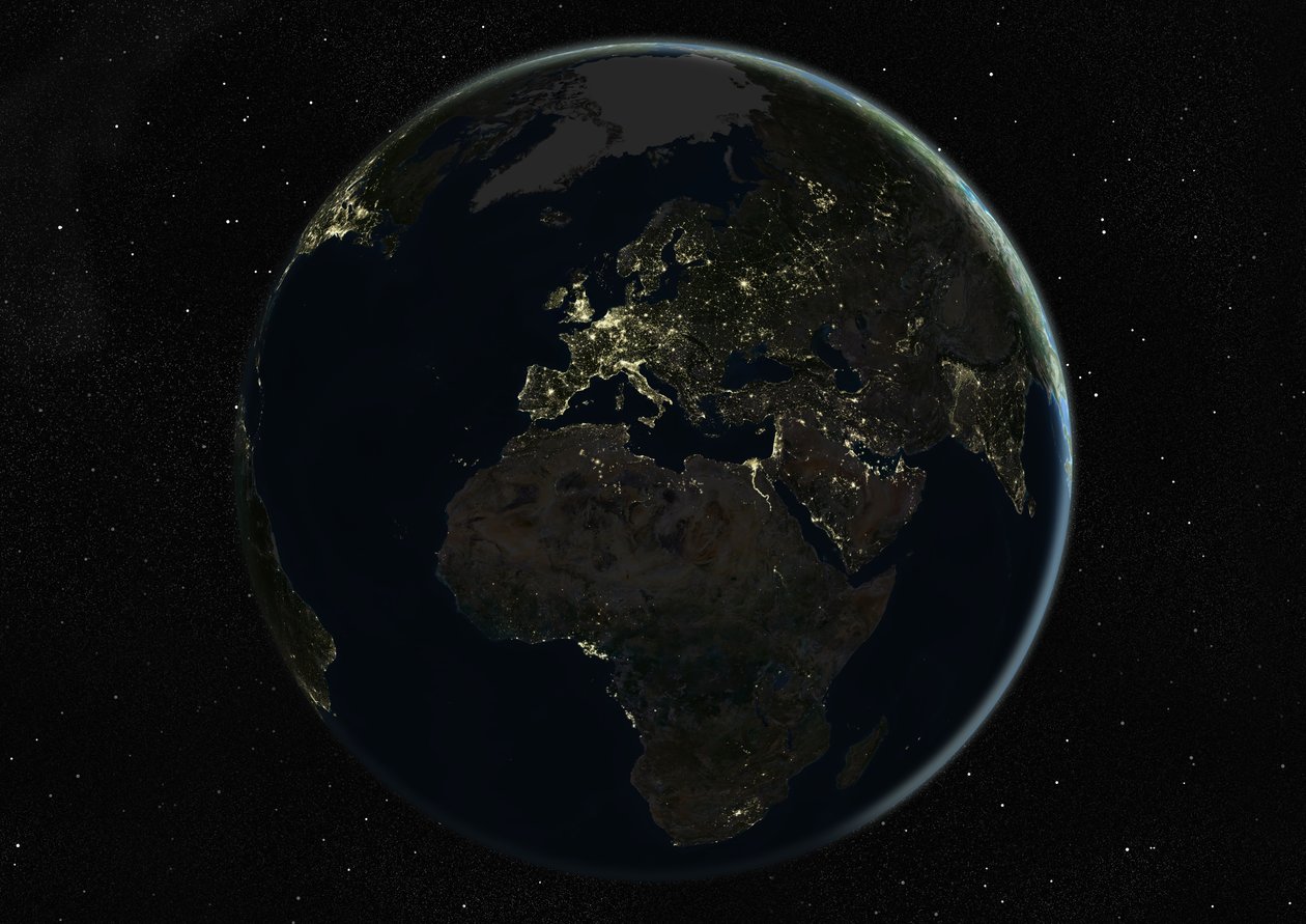 Globe gecentreerd op Europa en Afrika, ware kleuren satellietbeeld door Unknown