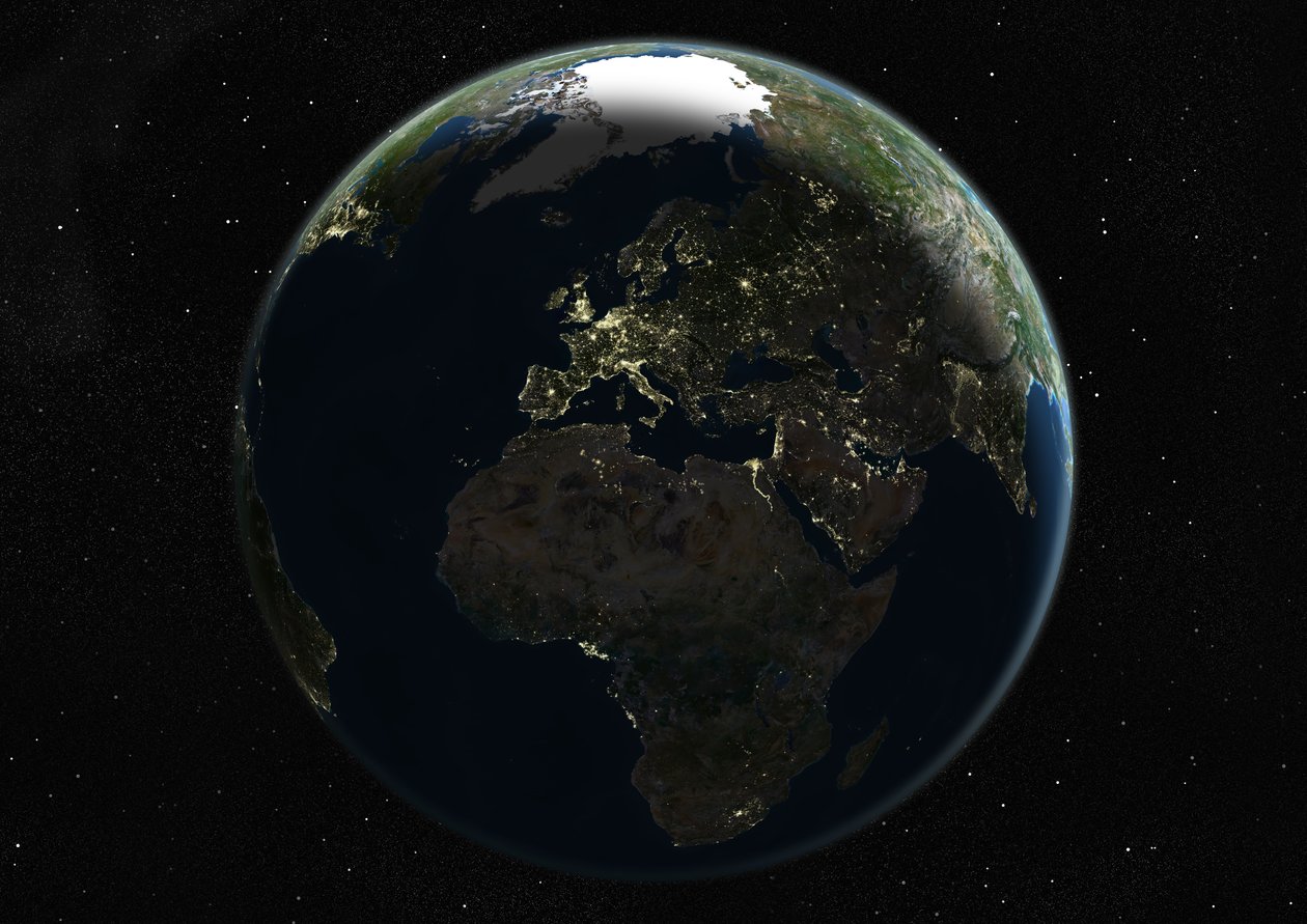 Globe gecentreerd op Europa en Afrika, ware kleuren satellietbeeld door Unknown