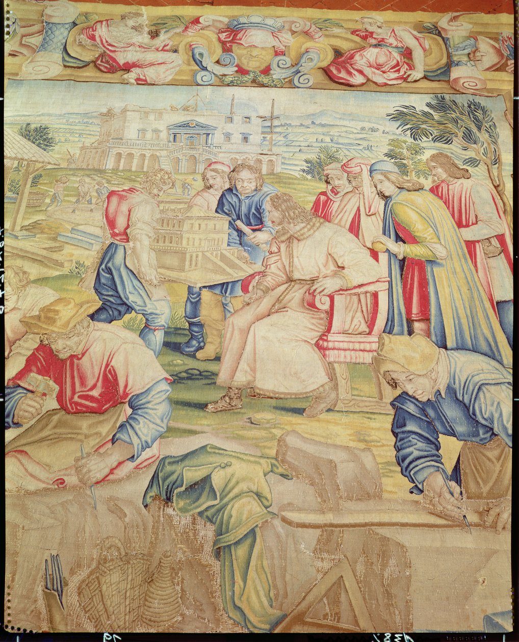 Lorenzo Medici (1449-92) en Giuliano da Sangallo (fl.1443-1516) inspecteren het model voor de villa in Poggia a Caiano door Benedetto di Michele Squilli (fl.1555-88) en Joannes Stradanus door Unknown