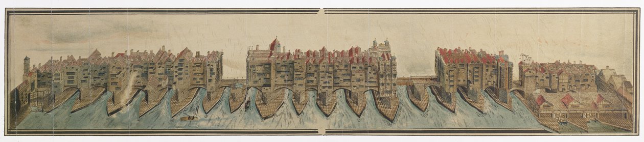 Oude London Bridge rond 1600, gekopieerd door W. Griggs in 1881 van een tekening in de Pepys-collectie, in Magdalene College, Cambridge door Unknown