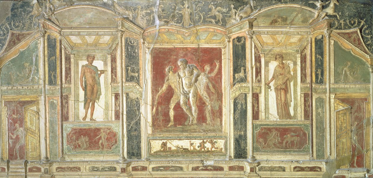 Reliëfpanelen met Dionysus en andere figuren in trompe-l