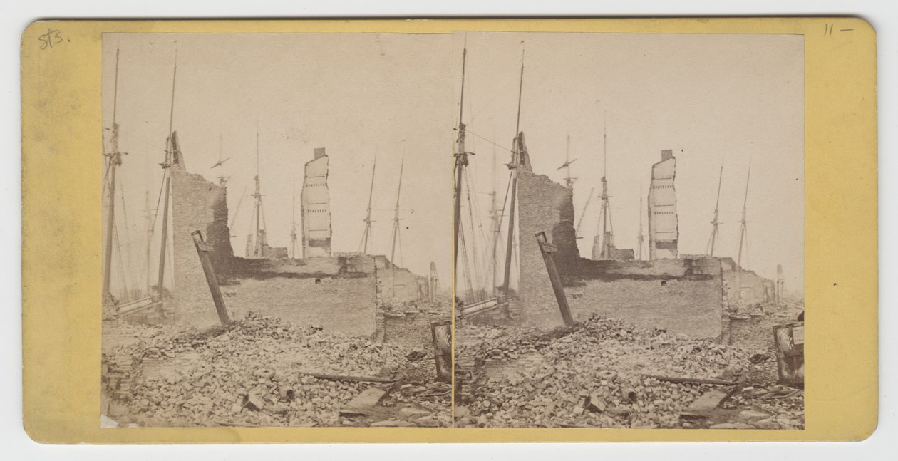 Stereograaf van het uitzicht op South Water St., tussen Clark en Wells, na de brand van Chicago in 1871 door American Photographer