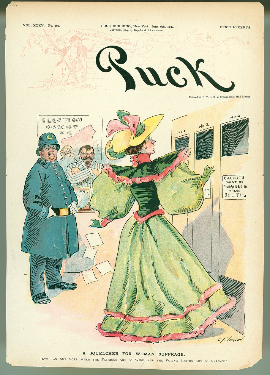 Een klap voor vrouwenkiesrecht, Puck magazine omslagillustratie, 6 juni 1894 door American School