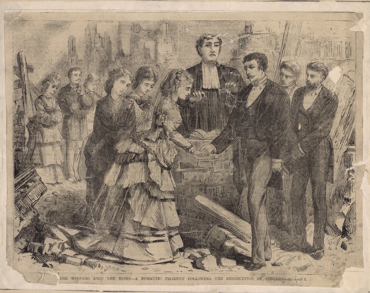 Een bruiloft te midden van de ruïnes - Een romantisch incident na de verwoesting van Chicago, illustratie uit Harpers Weekly, 1871 door American School
