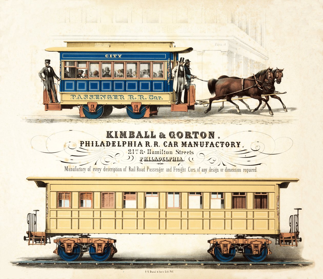 Advertentie voor Kimball & Gorton, Philadelphia R.R. Car Manufactory, gepubliceerd ca. 1857 door American School