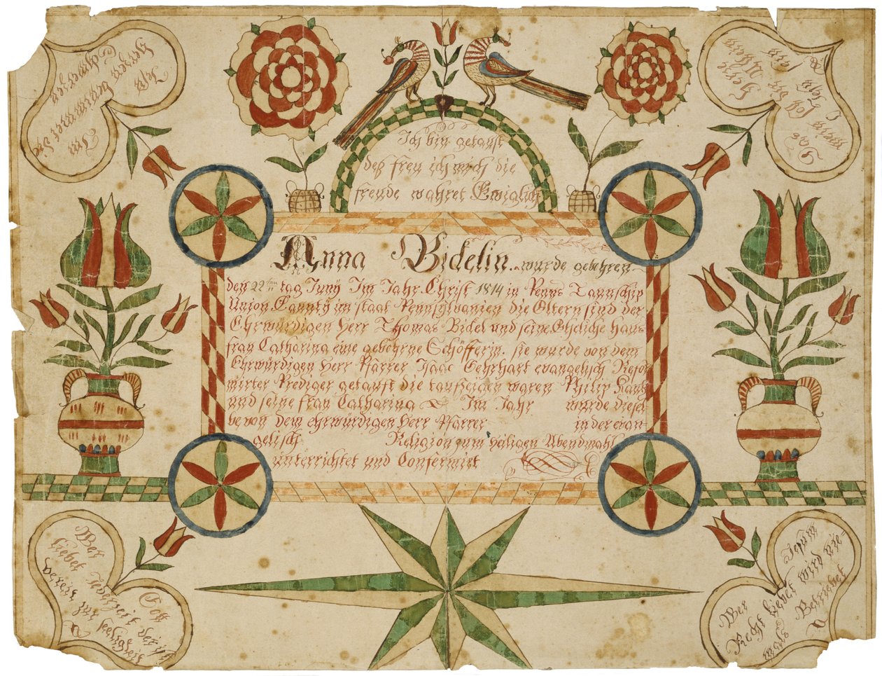 Geboortecertificaat, ca. 1820-1830 (inkt en aquarel op geperst papier) door American School