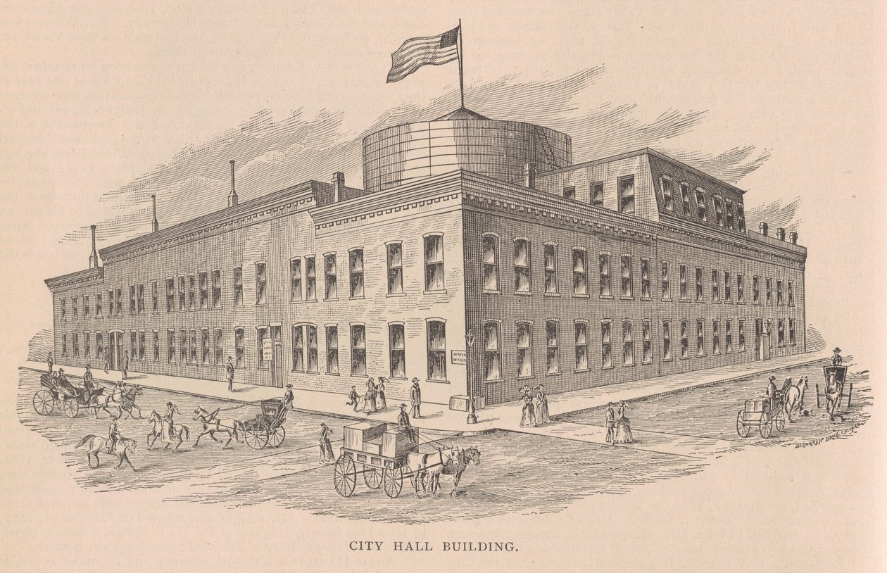 Stadhuisgebouw, illustratie uit History of Chicago vol. 2 door Alfred Theodore Andreas, gepubliceerd 1885 door American School