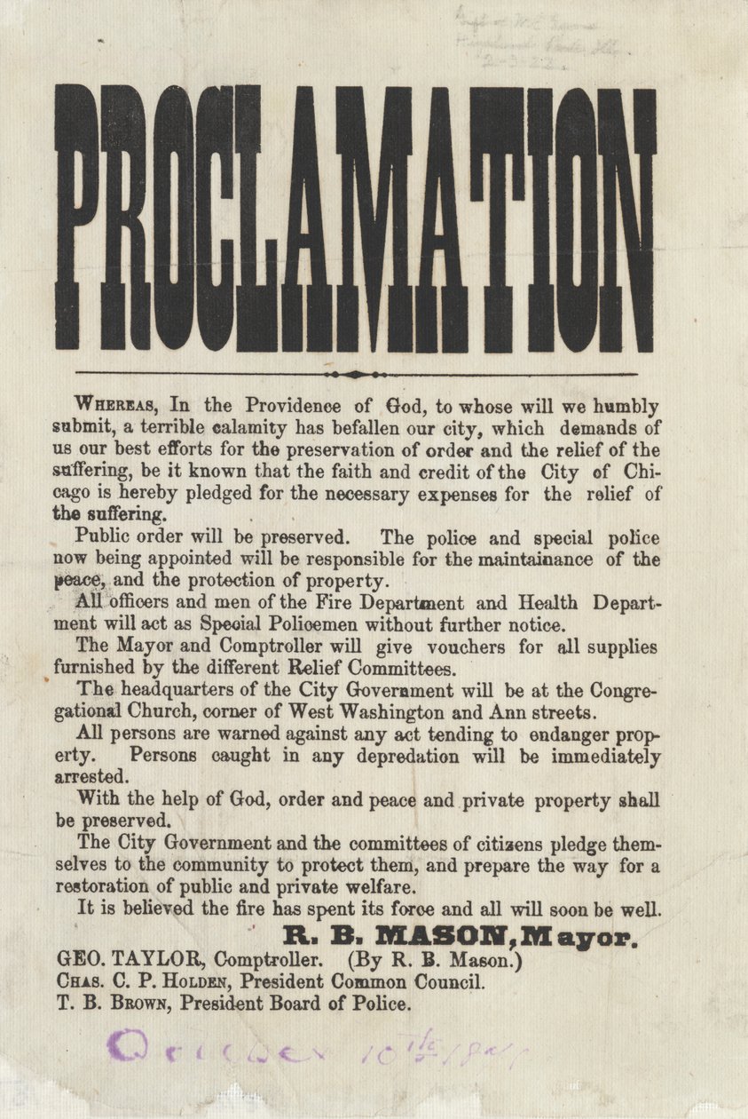 Eerste proclamatie door burgemeester Roswell B. Mason van Chicago over de brand van Chicago, 1871 (krantenartikel) door American School