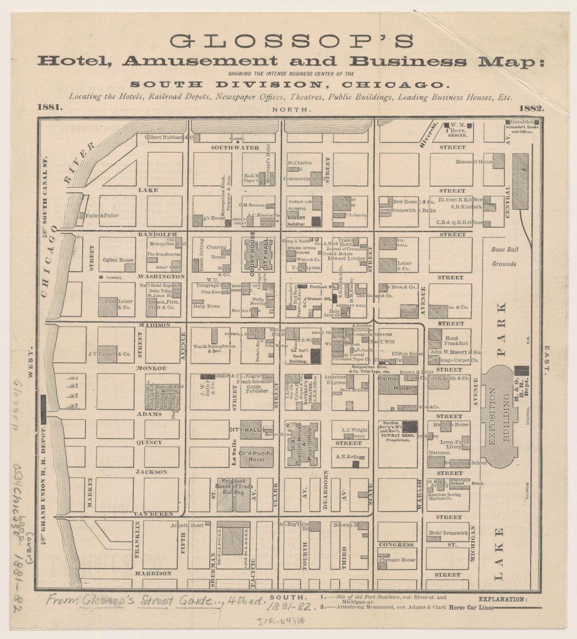 Glossops Hotel, Amusement en Business Map, ca. 1881-82 door American School