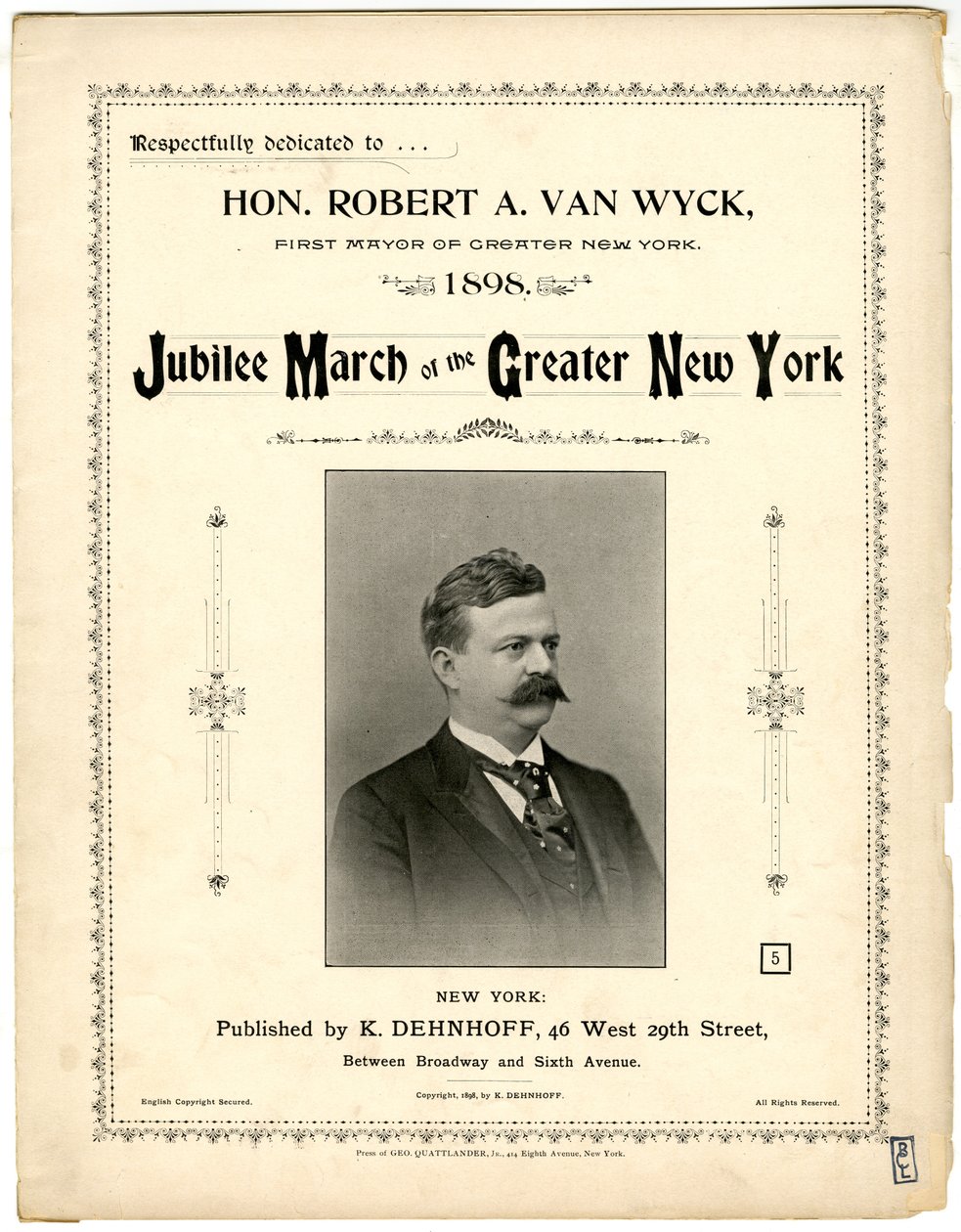 Jubileum Mars van Groot New York [bladmuziek omslag], 1898 door American School