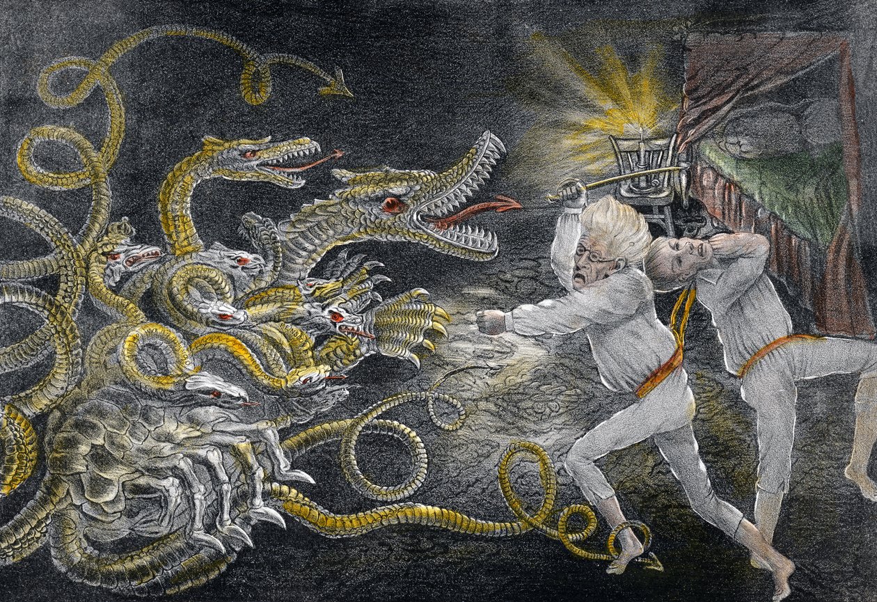 Politiek Quixotisme toont de Gevolgen van Slapen in Octrooimagische Brillen, de Diplomatieke Hercules, die de Politieke Hydra aanvalt, uitgegeven 1833 door American School