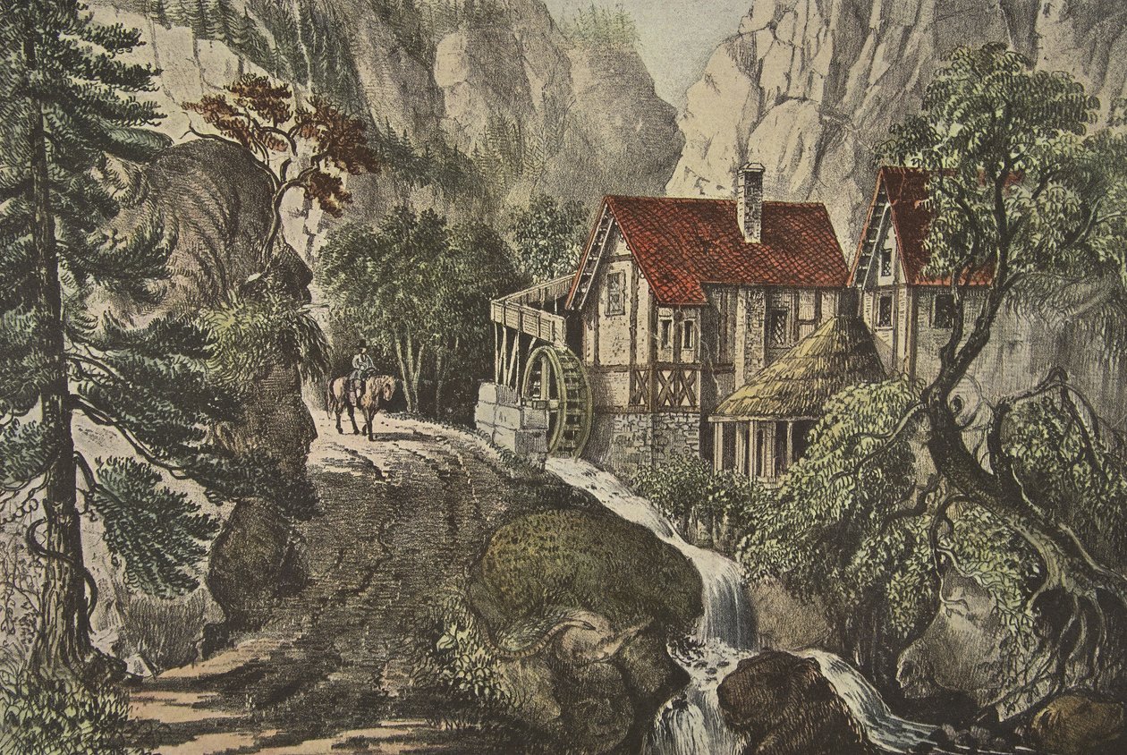 Puzzelplaat - Oude Zwitserse molen, uitgegeven 1872, Currier & Ives door American School