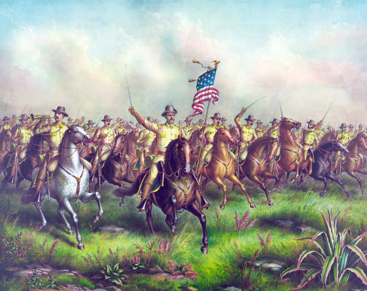 Rough-Riders, geleid door Col. Theodore Roosevelt, uitgegeven 1898 (handgekleurde gravure) door American School