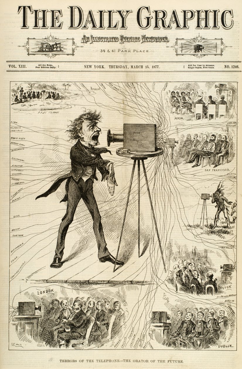 De verschrikkingen van de telefoon, illustratie uit The Daily Graphic, 15 maart 1877 door American School