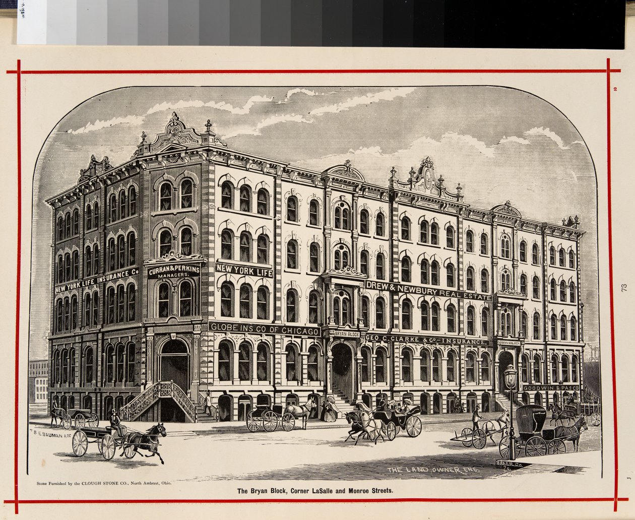 The Bryan Block, hoek van LaSalle en Monroe Streets, Chicago, Illustratie in The Merchants and Manufacturers of Chicago Illustrated, 1873 door American School