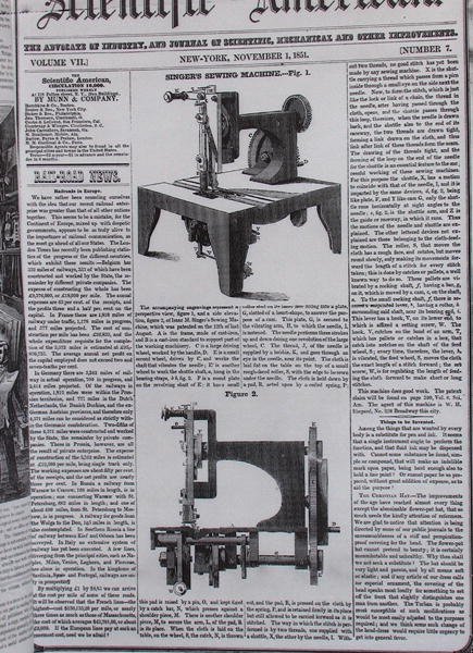 Het originele model van de naaimachine door Isaac Merrit Singer (1811-75) uit The Scientific American, 1 november 1851 door American School