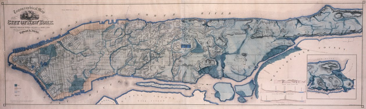 Topografische kaart van New York, met waterlopen en aangelegd land, 1865 door American School