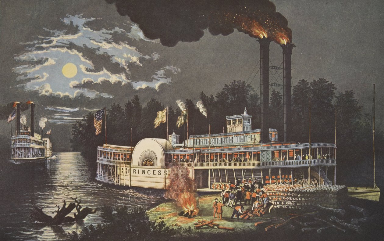 Hout laden aan de Mississippi, uitgegeven 1863, Currier & Ives door American School