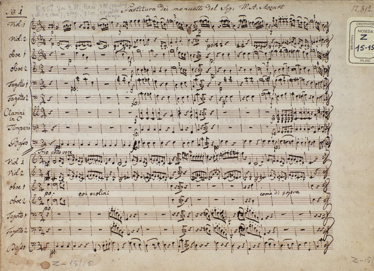 Pagina van muziekpartituur van menuetten in 5 cadensen voor piano, K 568 door Oostenrijkse componist Wolfgang Amadeus Mozart (1756-1791) door Austrian School