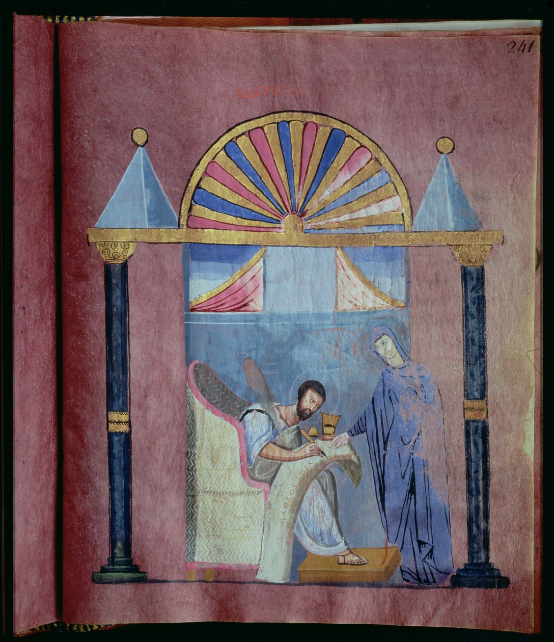 Ms EAB 644 fol.241 De Maagd dicteert het evangelie aan St. Marcus, uit het Rossano-evangelie door Byzantine School