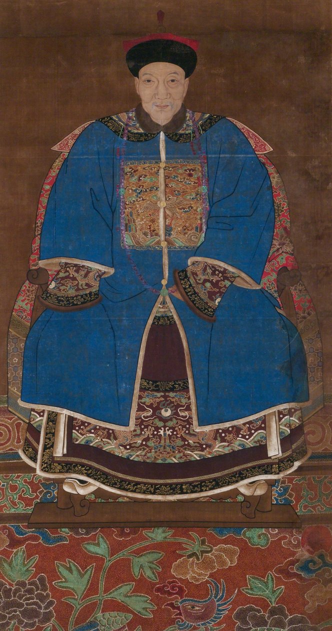 Voorouderportret van een Man in een Winterkleding door Chinese School