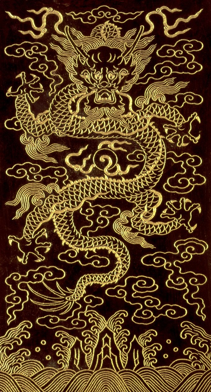 Draak, omslag van het eindfolio van een 10-tablet boek, Het Lied van de Jade Kom, geschreven door de Keizer Qianlong, 1745, Chinees door Chinese School
