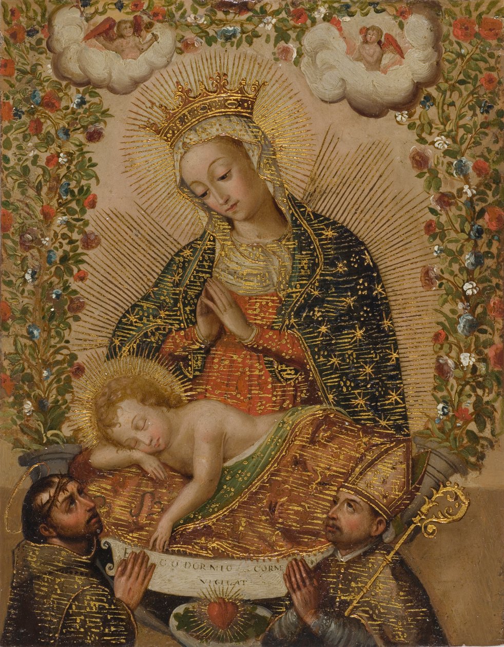 De Maagd die het Christuskind Aanbidt met Twee Heiligen, 18e eeuw door Cuzco School