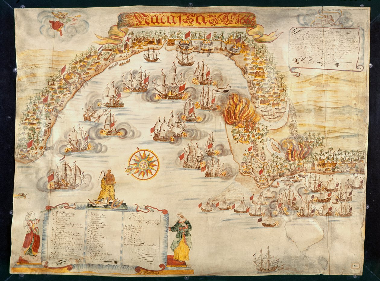 De stad Makassar, gehouden door de Portugezen en ingenomen door de Nederlanders in 1660 door Dutch School