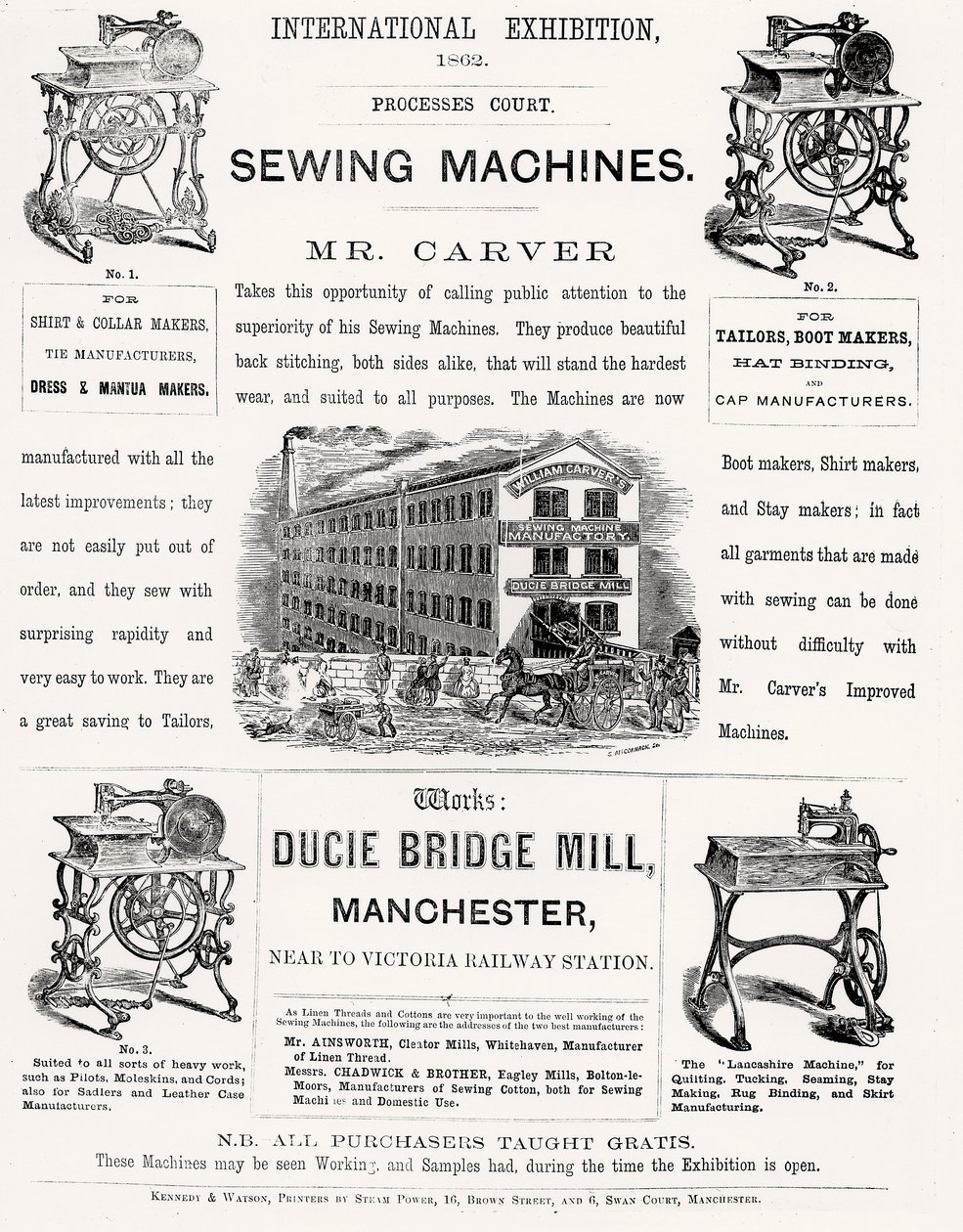 Advertentie voor de Internationale Tentoonstelling van Mr Carvers Naaimachines, 1862 door English School