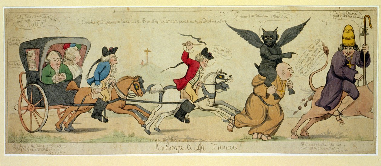 Een ontsnapping à la Francois, uitgegeven Londen 1791 (handgekleurde gravure) door English School