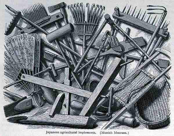 Japanse landbouwgereedschappen, uit De Geschiedenis van de Mensheid, Vol.III, door Prof. Friedrich Ratzel, 1898 door English School