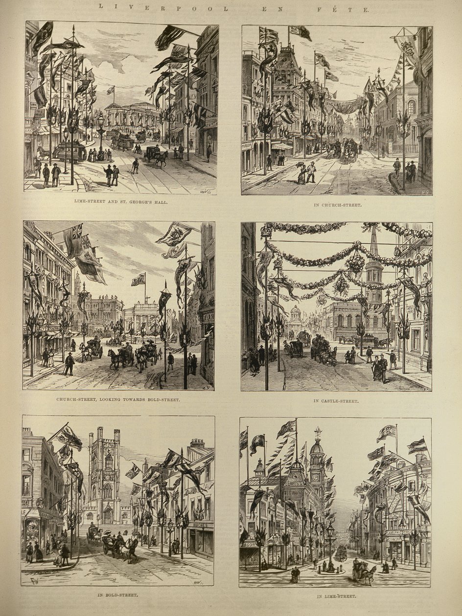 Liverpool in Feeststemming: Lime Street en St. Georges Hall; Church Street; Castle Street; Bold Street, uit The Illustrated London News, 15 mei 1886 door English School
