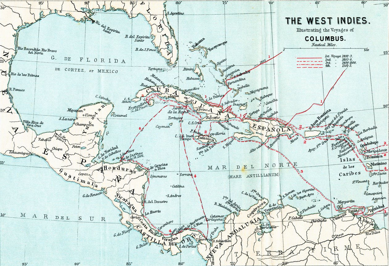 Kaart van de West-Indië die de reizen van Christoffel Columbus illustreert, uit Leven van Christoffel Columbus door Clements R. Markham, gepubliceerd 1892 door English School