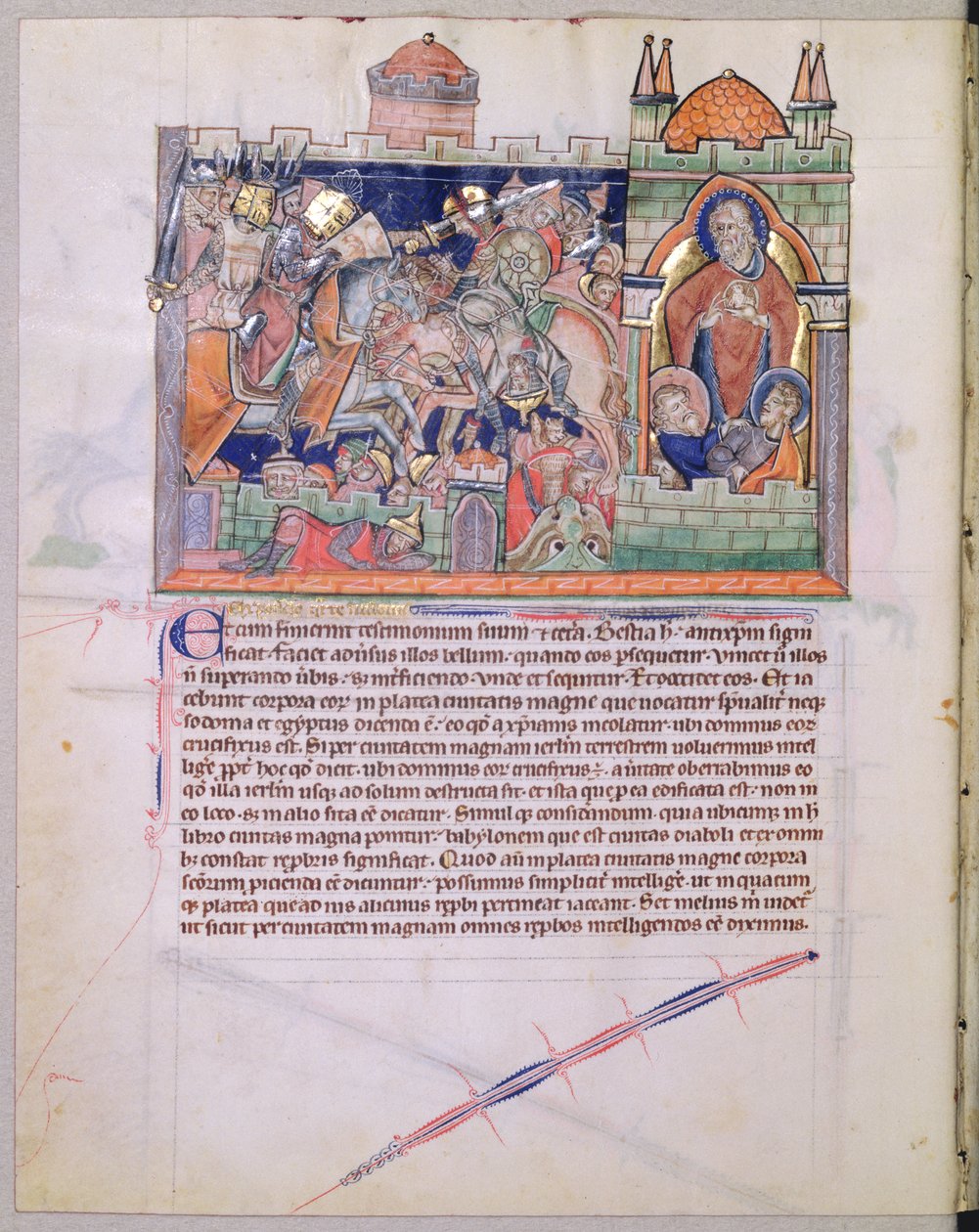 Ms L.A. 139-Lisboa fol. 26v De tempel van God wordt bewaard terwijl het leger van de naties het hof 42 maanden verwoest, uit de Gulbenkian Apocalyps, ca. 1265-70 door English School